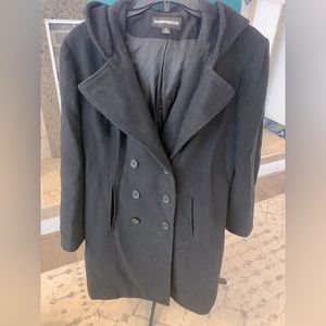 Donnybrook black wool pea coat with hood.